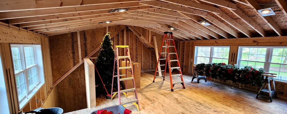 A Gene Laughner Construction jobsite: bonus room framing in progress in Erie, PA